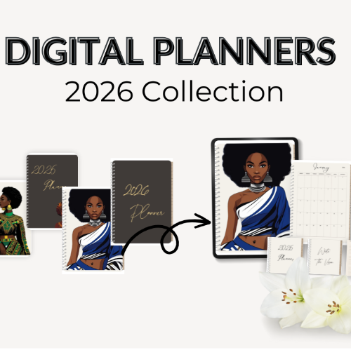 Digital planners for 2026 collection with a woman's portrait and floral elements on a white background.