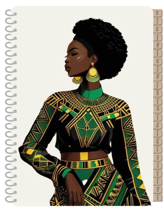 LMS Designz 2026 Grace Planner cover; side profile of Black woman wearing yellow, black, and green attire.