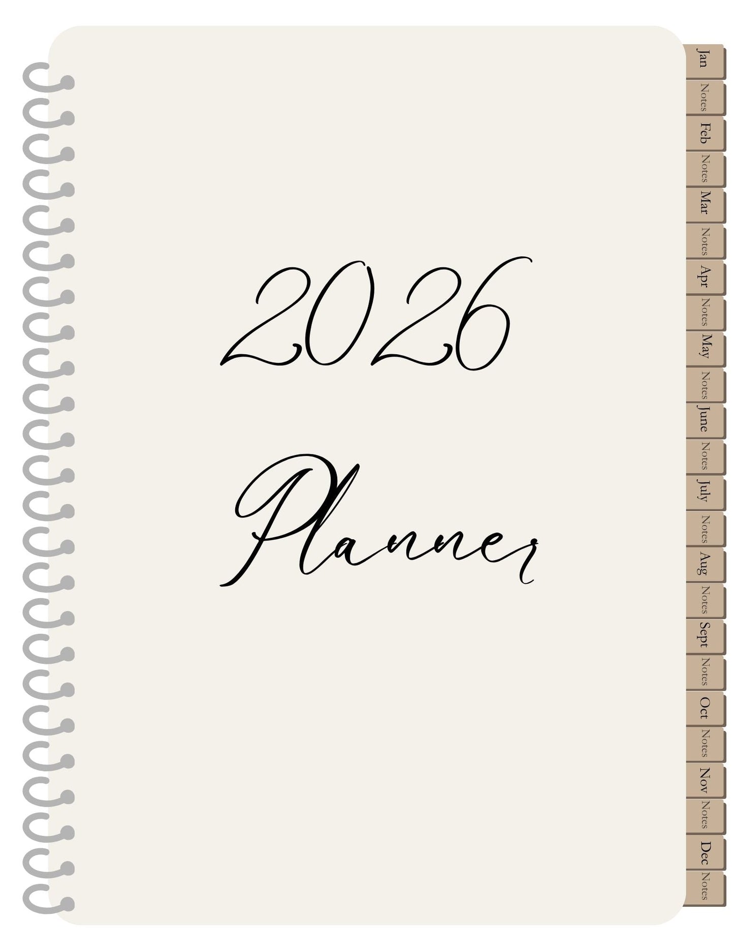 LMS Designz 2026 Planner page, beige with singular page tabs