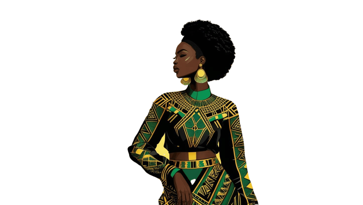 LMS Designz image Grace; side profile of  Black woman with afro wearing yellow, black, and green attire