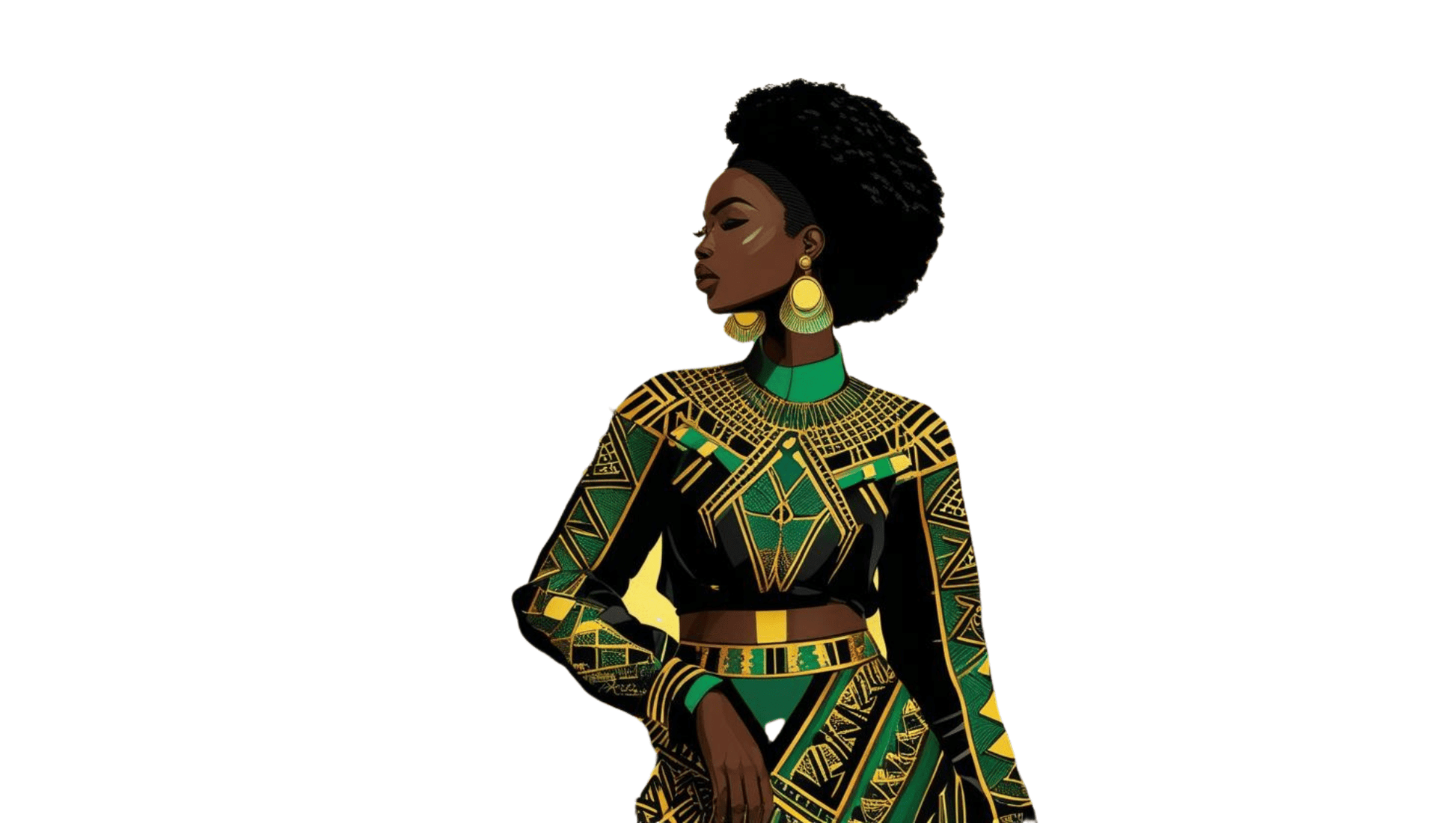 LMS Designz image Grace; side profile of  Black woman with afro wearing yellow, black, and green attire