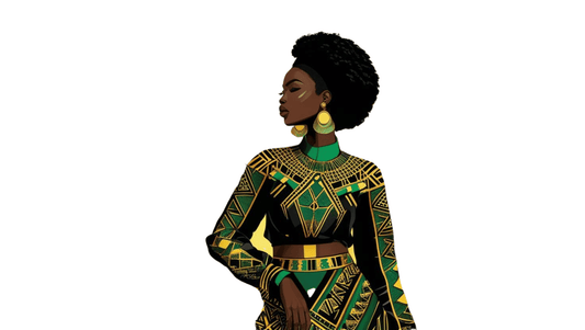 LMS Designz image Grace; side profile of  Black woman with afro wearing yellow, black, and green attire